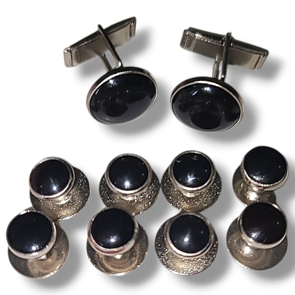 Set of Vintage Cufflinks & 8 Matching Tuxedo Buttons Black Enamel Silver Tone
